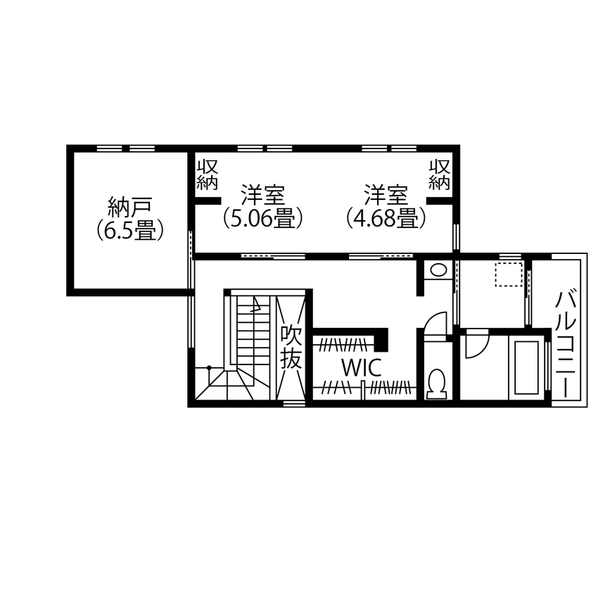 コラボハウス一級建築士事務所 【3000万円台／約37坪／間取り図有】おしゃれなアイランドキッチンと階段本棚のある家の間取り図（2LDK+納戸）2階