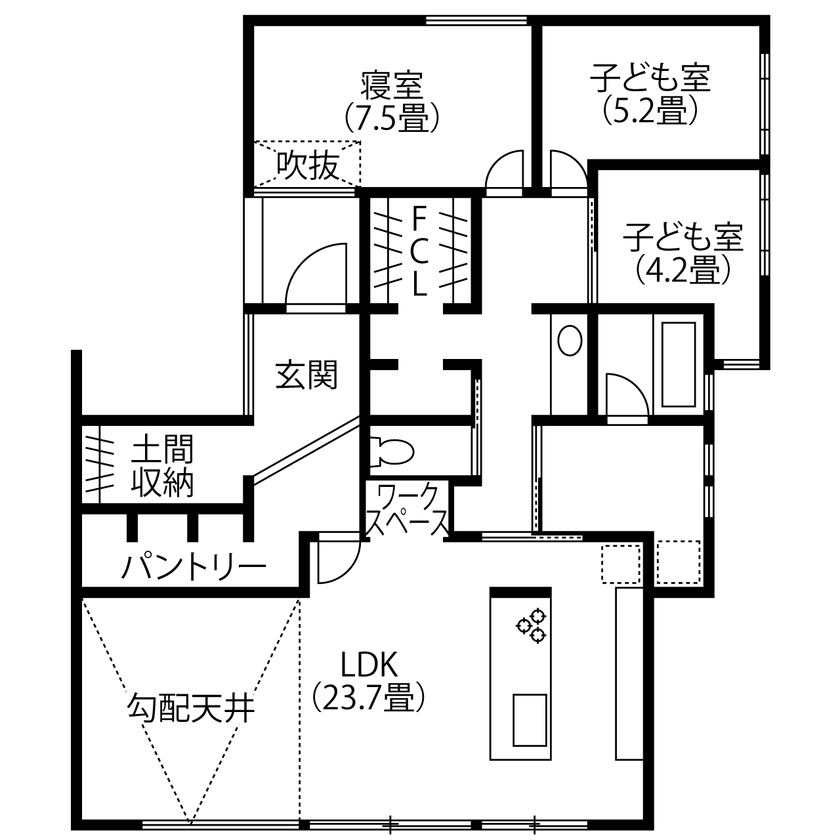 コラボハウス一級建築士事務所 【2000万円台／約32坪／間取り図有】勾配天井のLDK／洗濯物がたくさん干せる洗面脱衣室／平屋の間取り図（3LDK）1階