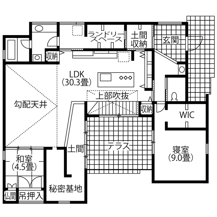 コラボハウス一級建築士事務所 【約51坪／間取り図有】タイルテラスをコの字型にゆったり囲んだ4LDKの間取りの間取り図（4LDK+秘密基地）1階
