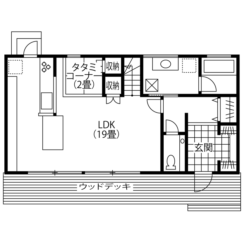 コラボハウス一級建築士事務所 【2000万円台／約31坪／間取り図有】キッチンと一体化したダイニングテーブル。ワイドなウッドデッキの間取り図（3LDK+タタミコーナー）1階