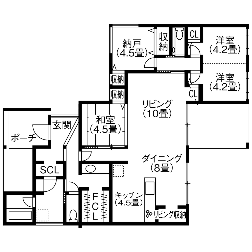 コラボハウス一級建築士事務所 【2000万円台／約31坪／間取り図有】アウトドアリビングがある平屋の間取り図（2LDK+納戸）1階