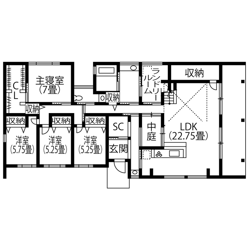 コラボハウス一級建築士事務所 【海を眺めながら暮らしたい／約56坪／間取り図有】1階と2階に広いデッキを設けた家の間取り図（4LDK+納戸）1階