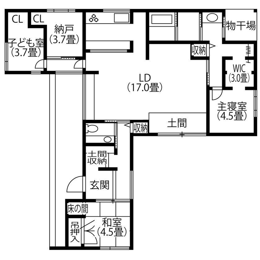 コラボハウス一級建築士事務所 【2000万円台／約33坪／間取り図有】玄関と土間リビングから庭を眺める平屋の間取り図（3LDK+納戸）1階
