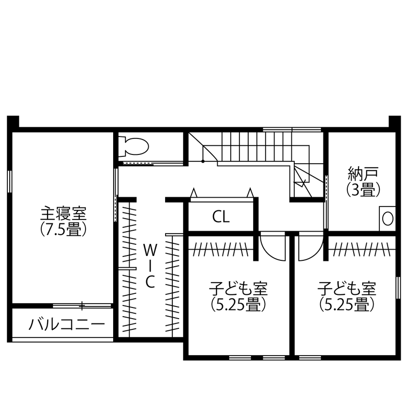 コラボハウス一級建築士事務所 【3000万円台／37坪／間取り図有】木製モールディングで彩った壁にインテリアが映える家の間取り図（4LDK+納戸）2階