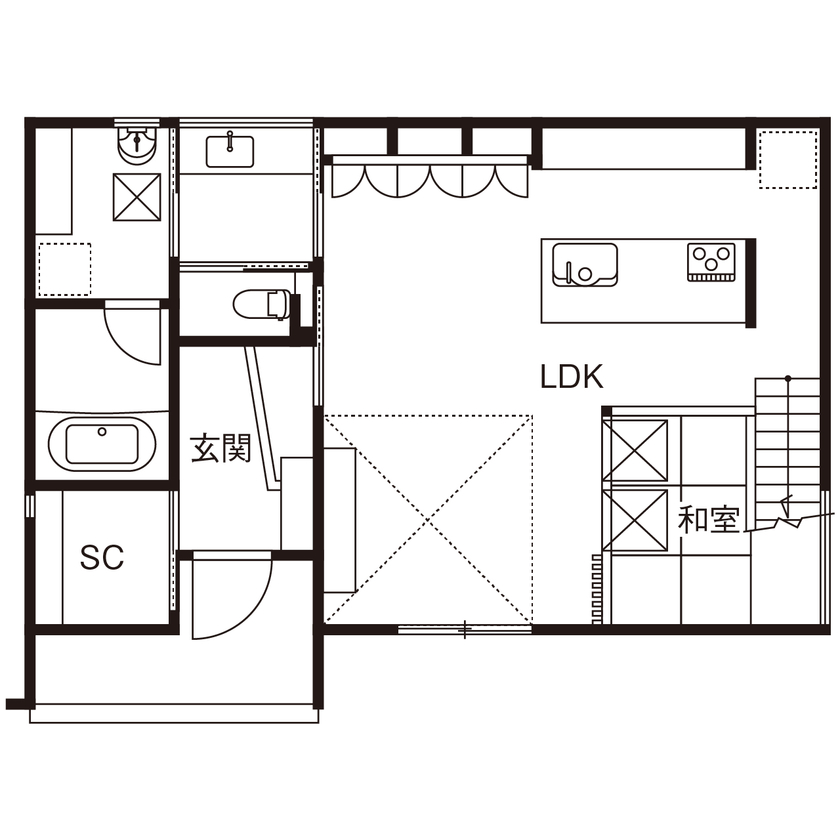 コラボハウス一級建築士事務所 2000万円台｜間取り図｜土地探し｜吹き抜けに面した窓を木枠で囲み、さりげなくセンスが光る外観デザインの間取り図（3LDK）1階