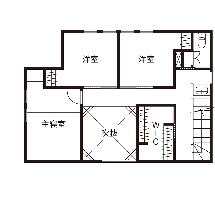 コラボハウス一級建築士事務所 2000万円台｜間取り図｜土地探し｜吹き抜けに面した窓を木枠で囲み、さりげなくセンスが光る外観デザインの間取り図（3LDK）2階