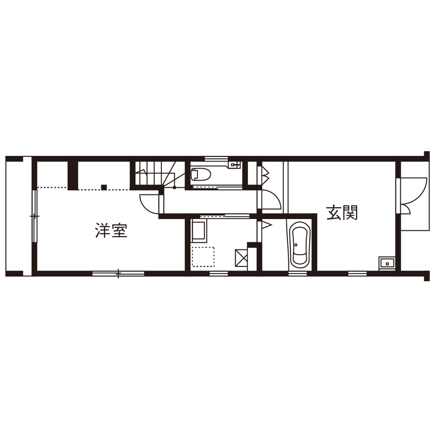 コラボハウス一級建築士事務所 1000万円台｜間取り図｜狭小地｜隣家が迫る21坪の小さな敷地で開放感いっぱいに暮らす、スキップフロアの家の間取り図（２LDK＋ロフト＋納戸）1階