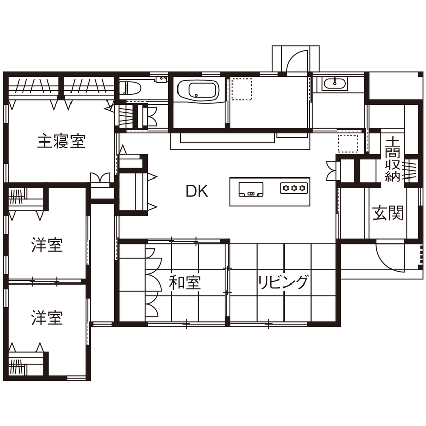 コラボハウス一級建築士事務所 2000万円台｜間取り図｜和テイスト｜畳リビングから濡れ縁、庭が一体になる開放感あふれる平屋の家の間取り図（4LDK）1階