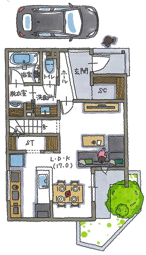 コラボハウス一級建築士事務所 2000万円台｜和泉市｜無機質｜間取り図｜お気に入りの家具やインテリアが映える「余白」のある家の間取り図（3LDK）1階