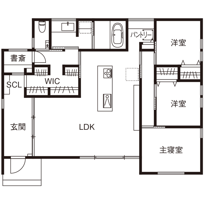 コラボハウス一級建築士事務所 2000万円台｜間取り図｜ZEH｜平屋で楽しむシンプルライフ。ムダを削ぎ落とし、好きなモノだけに囲まれる家の間取り図（３LDK＋書斎）1階