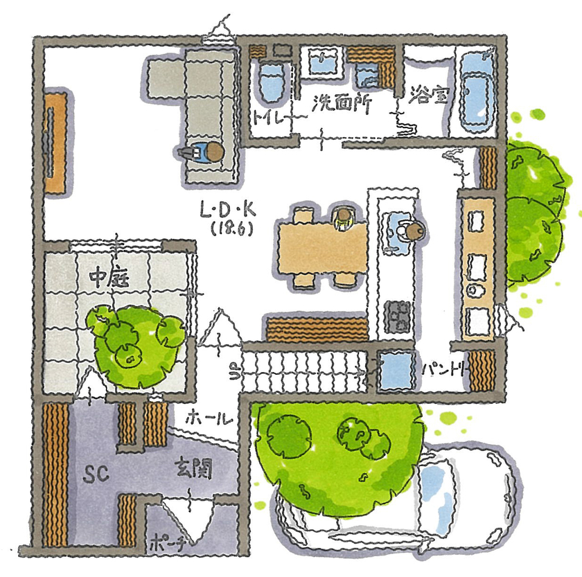 コラボハウス一級建築士事務所 2000万円台｜藤井寺市｜土地探し｜間取り図｜カーテンなしで開放的に暮らせる、中庭のある家の間取り図（3LDK）1階
