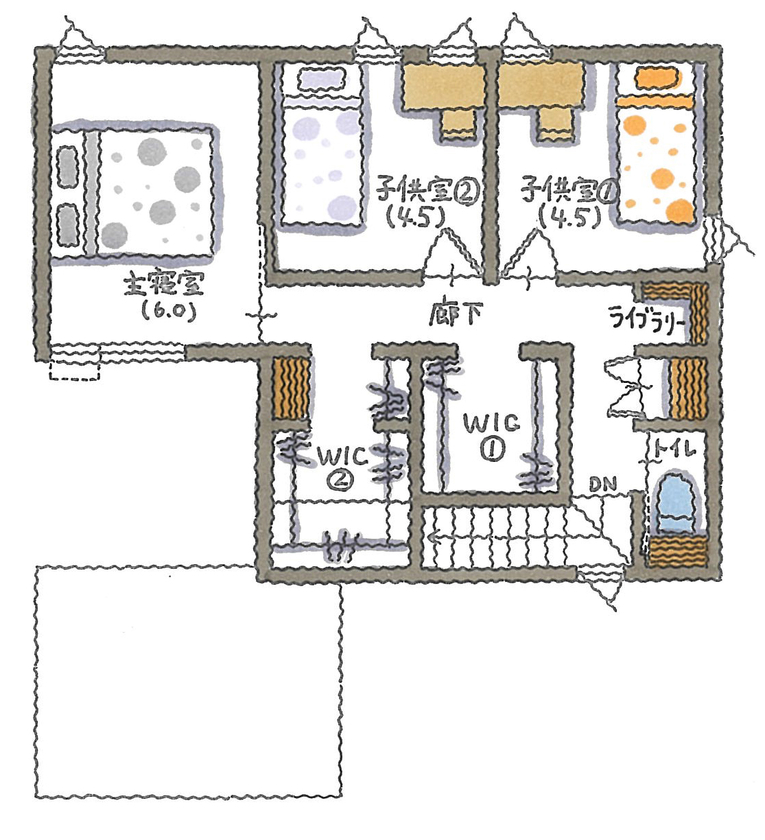 コラボハウス一級建築士事務所 2000万円台｜藤井寺市｜土地探し｜間取り図｜カーテンなしで開放的に暮らせる、中庭のある家の間取り図（3LDK）2階