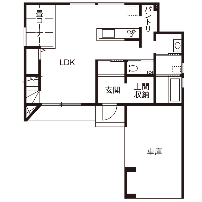 コラボハウス一級建築士事務所 2000万円台｜間取り図｜ビルトインガレージ｜アウトドア好きの夫婦が建てた、ナチュラルでちょっと無骨な家の間取り図（2LDK）1階