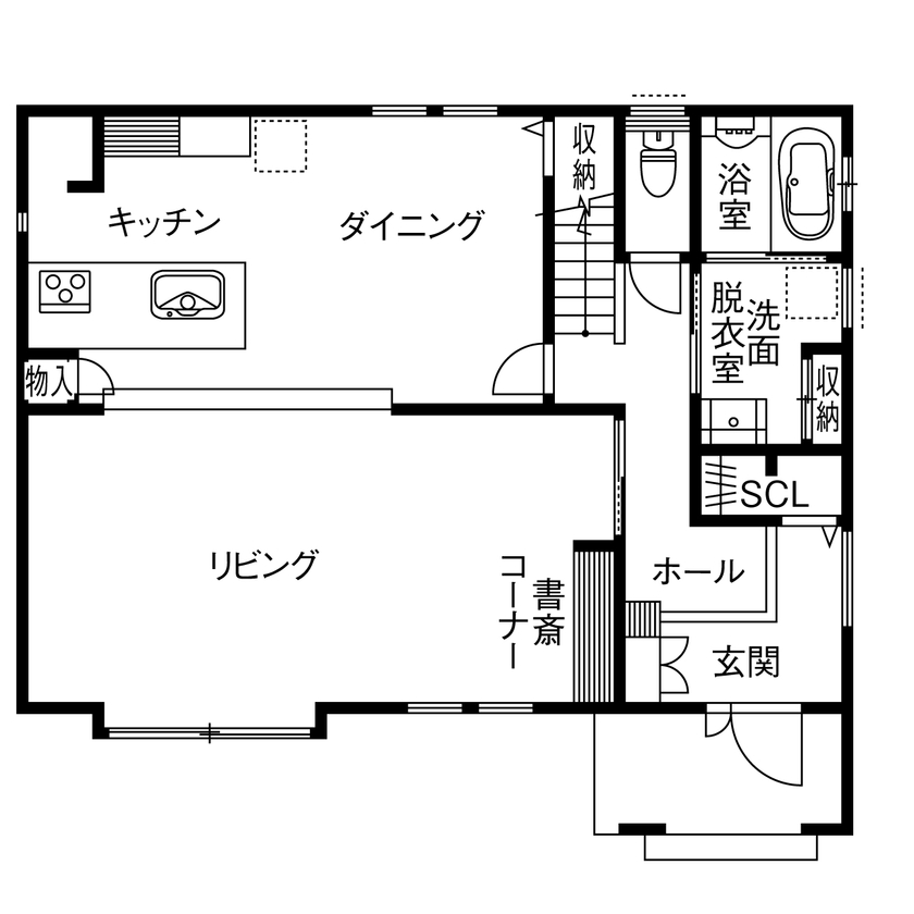イワタ建設 【ラグジュアリー/2000万円台/40坪台/間取り】ホテルライクな28畳のLDK。大空間を見渡すステージキッチンの間取り図（3LDK＋小屋裏収納）1階