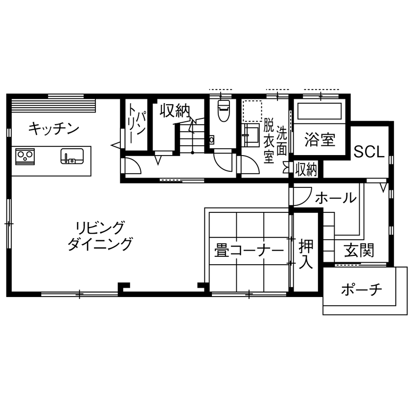 イワタ建設 【大空間リビング/2000万円台/30坪台/間取り】VRを活用しイメージをそのまま形に。スタイリッシュに暮らすの間取り図（3LDK＋畳コーナー）1階