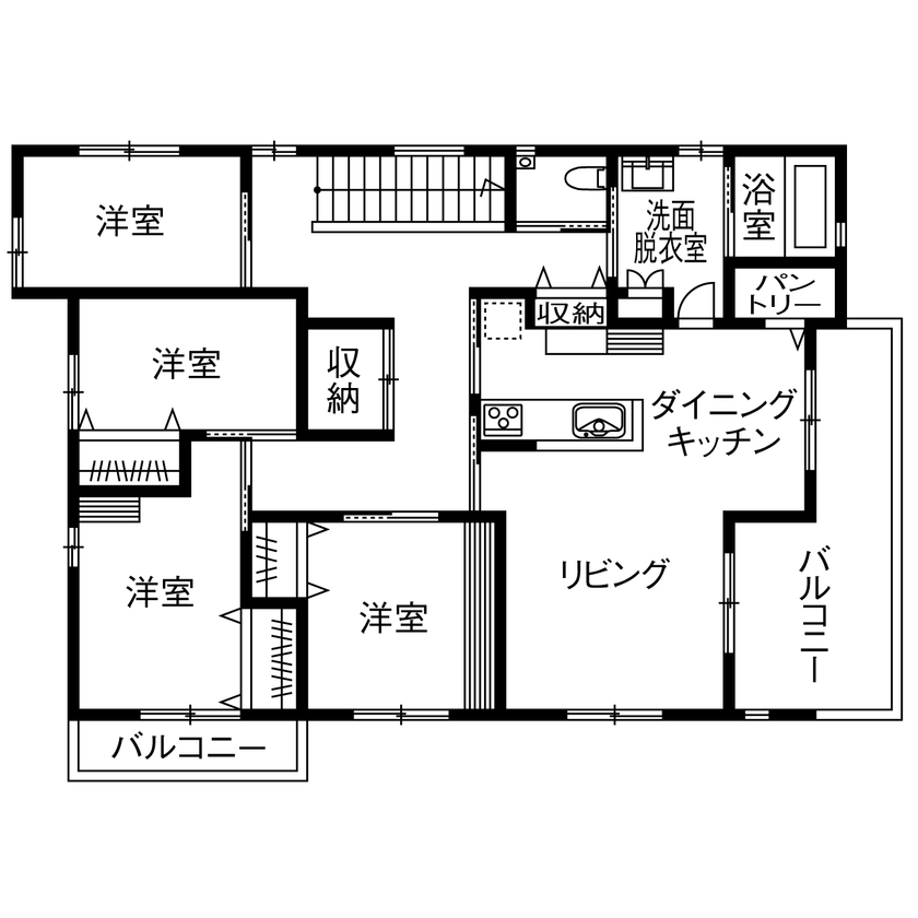 イワタ建設 【ガレージ/3000万円台/60坪台/間取り】2階リビングで日当たりの不安を解消。ビルトインガレージの邸宅の間取り図（4LDK＋ガレージ）2階