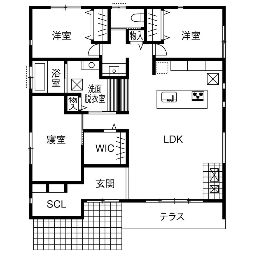 イワタ建設 【平屋/1000万円台/30坪台/間取り】庭とつながる大開口リビング。薪ストーブのある平屋でアウトドアな毎日の間取り図（3LDK＋WIC）1階