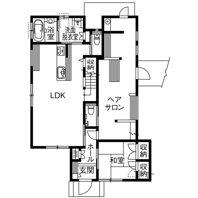 イワタ建設 【店舗併用/1000万円台/30坪台/間取り】店舗併用をコンパクトに実現！南国リゾートスタイル×ヘアサロン併設の間取り図（3LDK＋ヘアサロン）1階