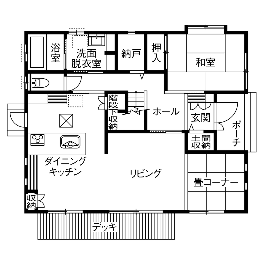イワタ建設 【ナチュラル/2000万円台/40坪台/間取り】リビングも個室も南向き。明るく外とのつながりもデザインした家の間取り図（4LDK＋小屋裏収納）1階