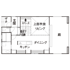 オオトリ建設 【2000～2500万円】【間取り図有】リビング階段は心地いい居場所の１つ。吹抜けのあるナチュラルモダンな家の間取り図（3LDK）１階