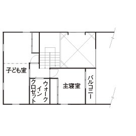オオトリ建設 【2000～2500万円】【間取り図有】リビング階段は心地いい居場所の１つ。吹抜けのあるナチュラルモダンな家の間取り図（3LDK）２階