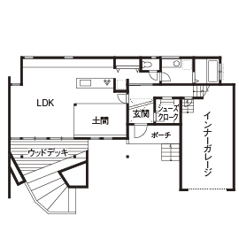 オオトリ建設 【インナーガレージ×西海岸風】かっこよくて、家事ラク＆子育てしやすい工夫が満載な西海岸テイストの家の間取り図（3LDK）１階