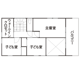 オオトリ建設 【2000～2500万円】【間取り図有】片付けが苦手でもスッキリ片付く。吹抜けのあるシンプルでかっこいい家の間取り図（4LDK）２階
