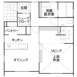 オオトリ建設 【1000万円台×スキップフロア×建築家】一緒にいても程よい距離感。吹抜けリビングとスキップフロアの家の間取り図（3LDK）１階