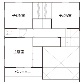 オオトリ建設 【1000万円台×スキップフロア×建築家】一緒にいても程よい距離感。吹抜けリビングとスキップフロアの家の間取り図（3LDK）２階