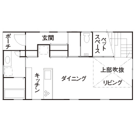 オオトリ建設 【ペット×吹抜けリビング×建築家】【間取り図有】吹抜けで開放的なリビングに。愛犬専用のスペースがある家の間取り図（3LDK）１階