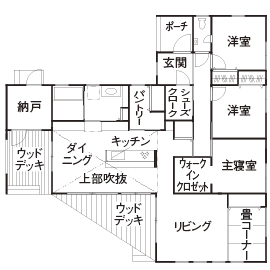 オオトリ建設 【平屋×アウトドア】広い庭とウッドデッキでＢＢＱ。アウトドア大好き夫妻が建てたかっこいい平屋の間取り図（3LDK）１階