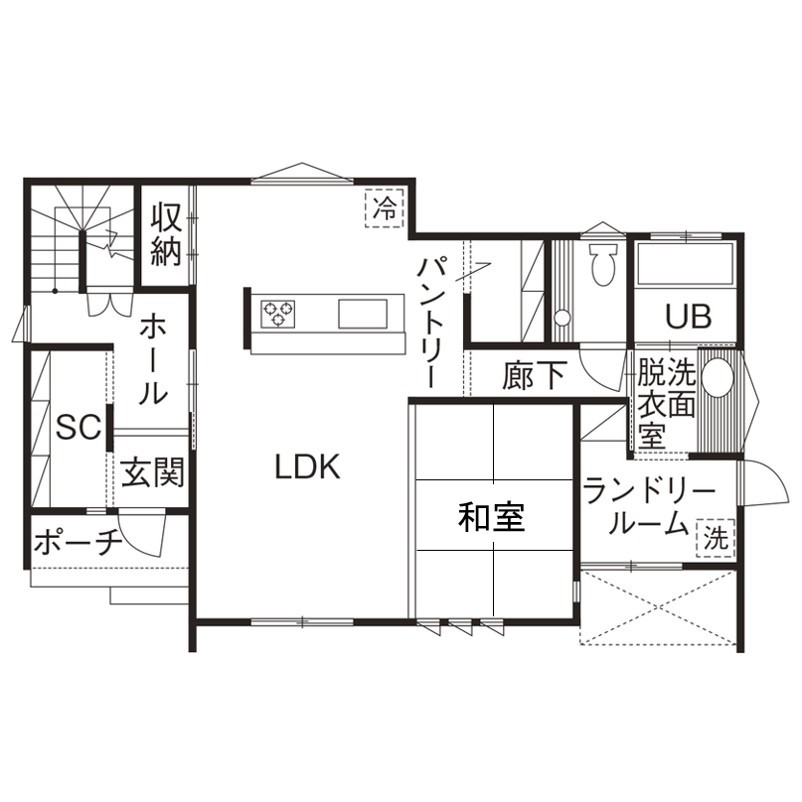 あいホーム。石塚工務店 【間取り図有】黒のガルバリウムが存在感を放ち、自然素材×モダンなデザインがオシャレな住まいの間取り図（4LDK）1階
