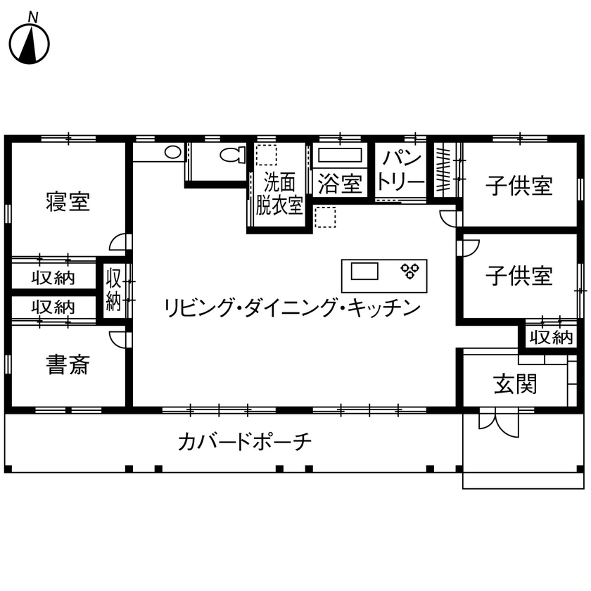 あいホーム。石塚工務店 【平屋/2000万円台/間取り図有】普通じゃつまらない！やりたいコトを全部叶えたアメリカンスタイルの平屋の間取り図（3LDK）1階