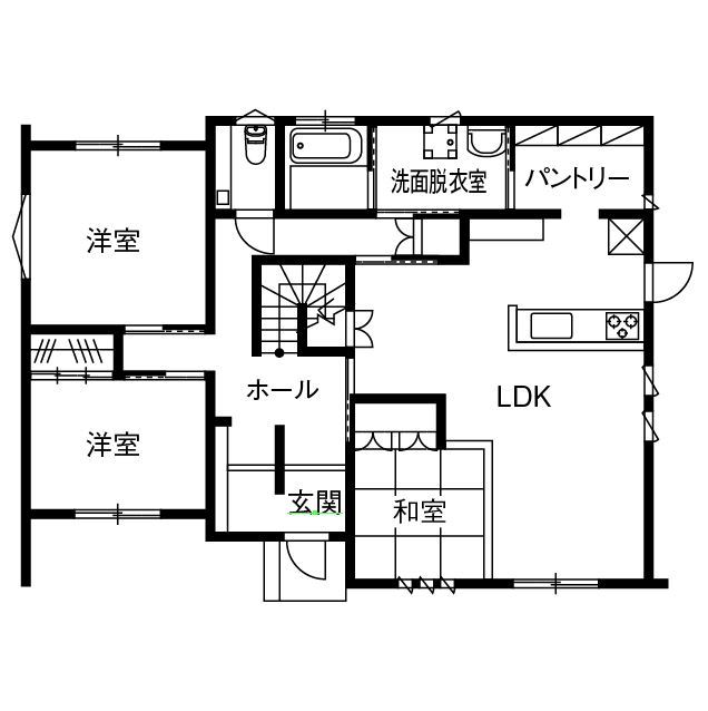 あいホーム。石塚工務店 【2900万円／多世帯／間取り図有】三世帯の大家族が笑顔で暮らすデザイン住宅の間取り図（5LDK）1階