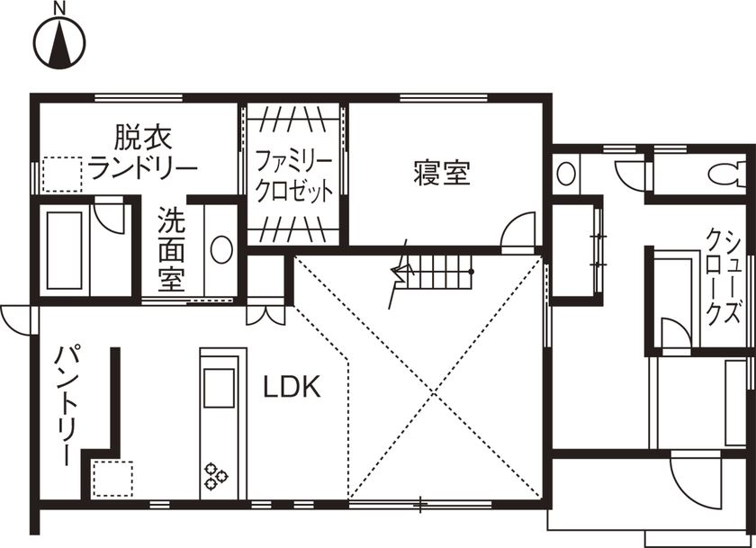 あいホーム。石塚工務店 【2500万円／間取り図有】吹き抜けと自由に使える2階ホール。水回りからの回遊動線が快適なカッコいい家の間取り図（3LDK）1階