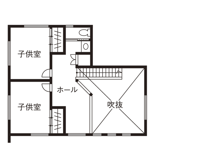 あいホーム。石塚工務店 【2500万円／間取り図有】吹き抜けと自由に使える2階ホール。水回りからの回遊動線が快適なカッコいい家の間取り図（3LDK）2階