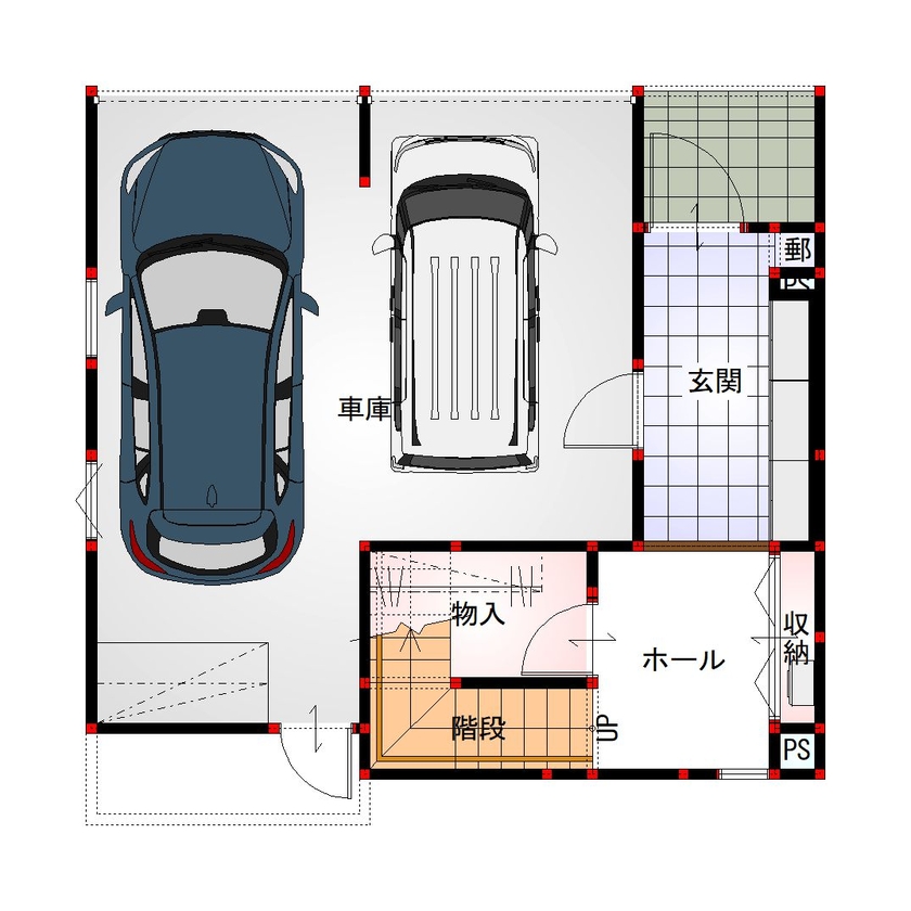 橋本建設 【札幌市／狭小地／3階建て／間取り図あり】24.9坪でも広く見せる！ビルトインガレージ＆開放的なLDKの間取り図（2LDK+書斎）1階