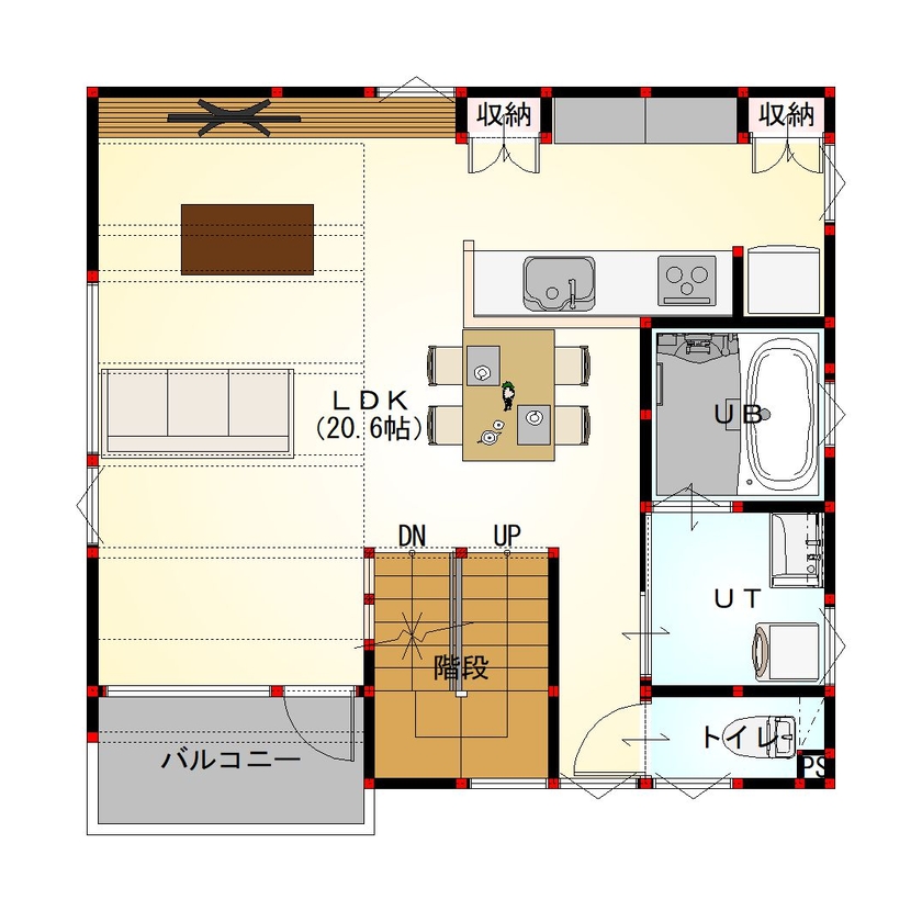 橋本建設 【札幌市／狭小地／3階建て／間取り図あり】24.9坪でも広く見せる！ビルトインガレージ＆開放的なLDKの間取り図（2LDK+書斎）2階