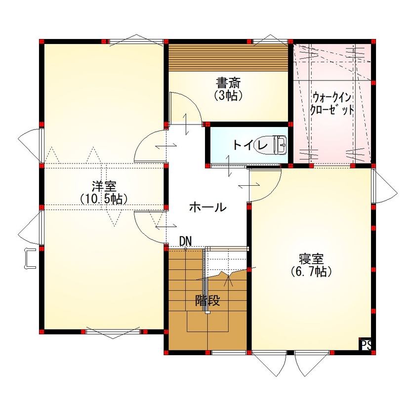 橋本建設 【札幌市／狭小地／3階建て／間取り図あり】24.9坪でも広く見せる！ビルトインガレージ＆開放的なLDKの間取り図（2LDK+書斎）3階