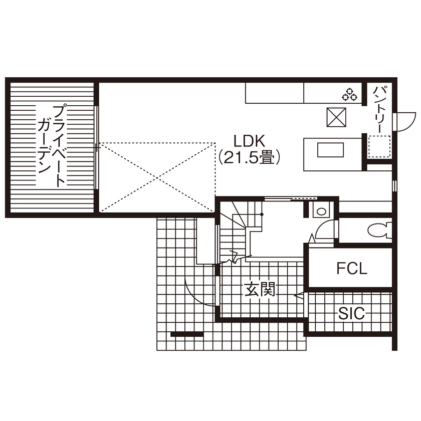 グランディルホーム 【1790万円×広い駐車場×プライベートガーデン】和とスカンディナビアのデザインが融合の間取り図（3LDK＋F）1階