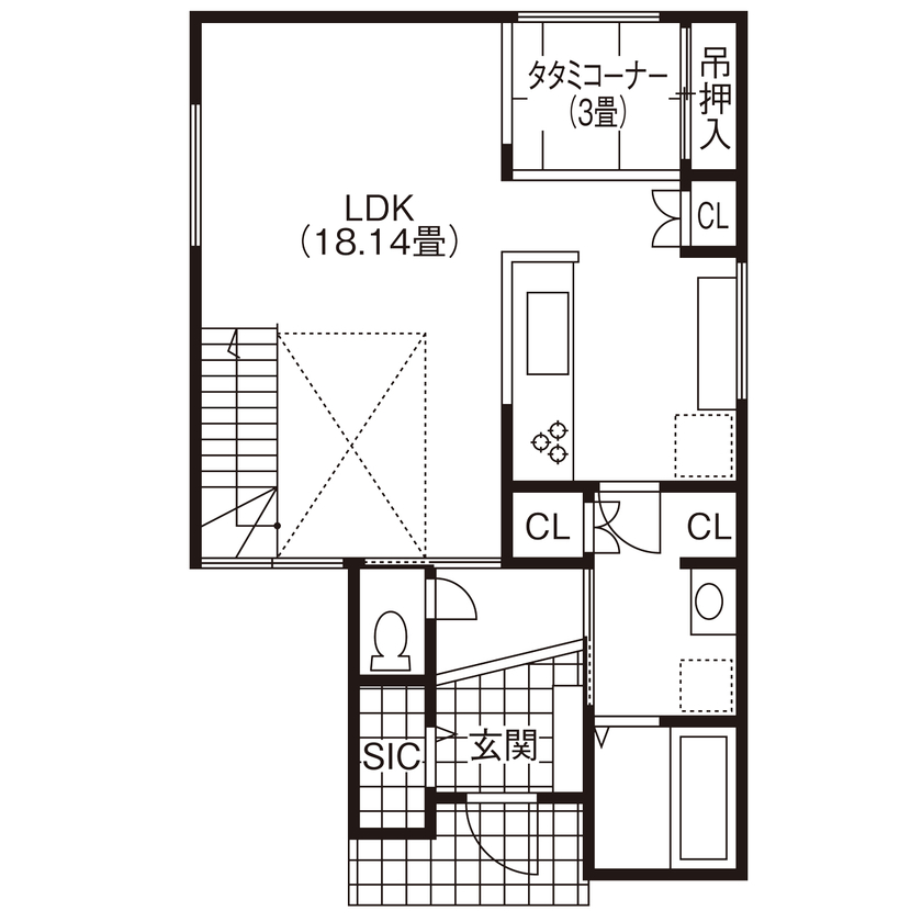 グランディルホーム 【2350万円×4連FIX窓の吹き抜け】光は取り入れ、外部の視線は通さない！高い防犯性と独立性を保持の間取り図（3LDK＋F）1階