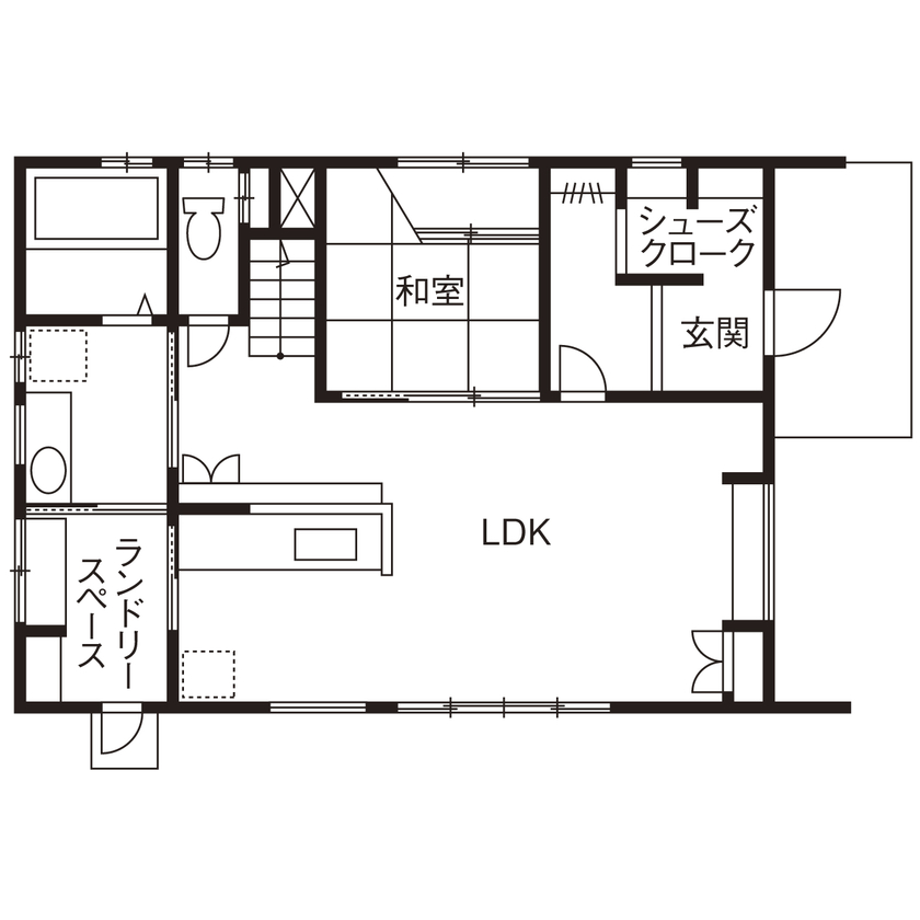 第一伊藤建設 【浜松市｜30坪｜間取り有】廊下のない間取りでリビングは広々！ナチュラル×アメリカンな家事ラクの家の間取り図（4LDK）１階