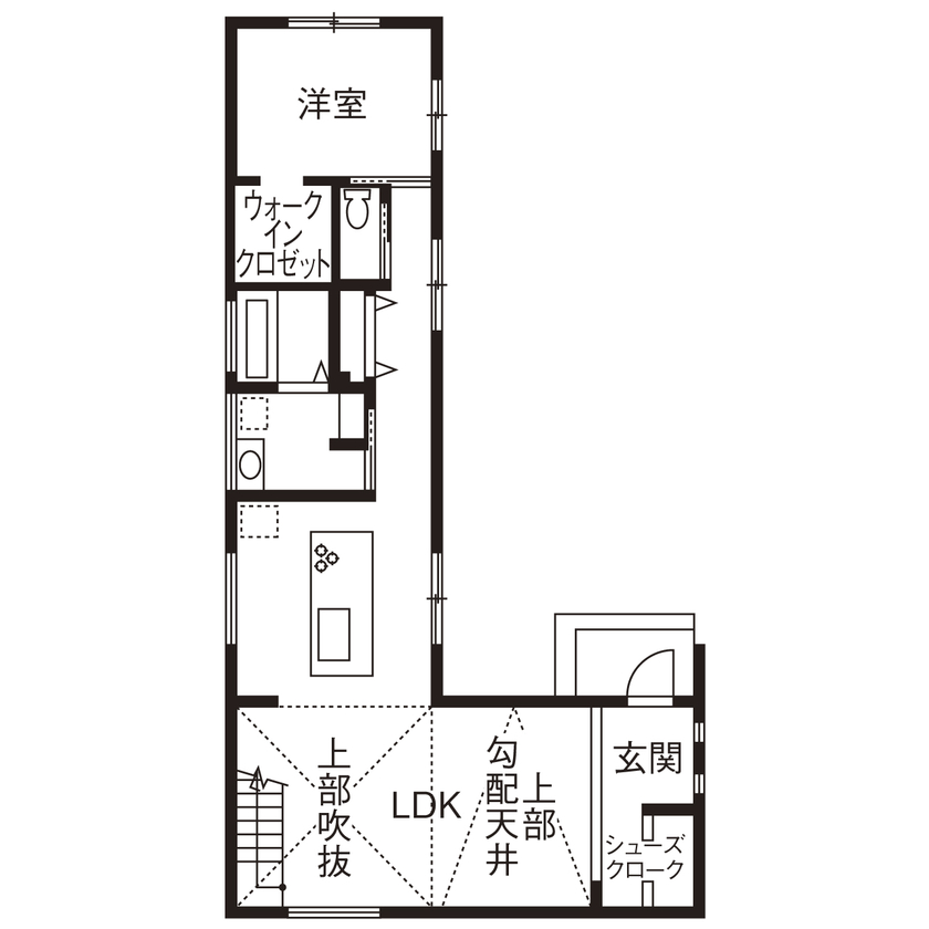 第一伊藤建設 【シンプルモダン｜間取り有】明るさと開放感のヒミツは窓と吹抜けにあり！南北に長い縦長の家の間取り図（4LDK）１階
