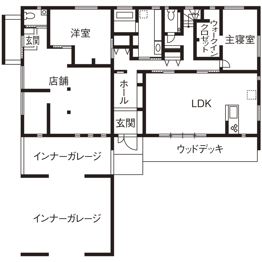第一伊藤建設 【浜松市｜インナーガレージ｜間取り有】ガレージには愛車がずらり。ラグジュアリー×モダンな店舗併用住宅の間取り図（３LDK＋店舗）１階