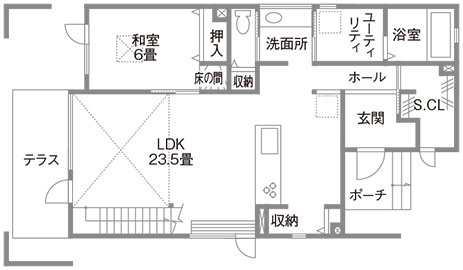 スカイハウス 【2500～2999万円/3人家族/間取り図】目の前の自然を楽しむ大窓と、吹抜けの大空間が魅力の住まいの間取り図（3LDK）1階