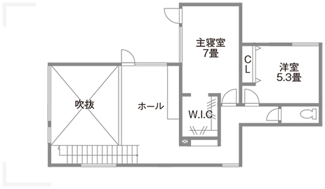 スカイハウス 【2500～2999万円/3人家族/間取り図】目の前の自然を楽しむ大窓と、吹抜けの大空間が魅力の住まいの間取り図（3LDK）2階