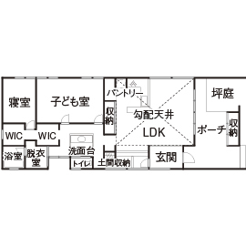 ハウスクラフト 【平屋/坪庭/間取り図】外壁の塗り壁、床には無垢材。自然素材の温かみを感じる、人・環境に優しい平屋住宅の間取り図（2LDK）1階