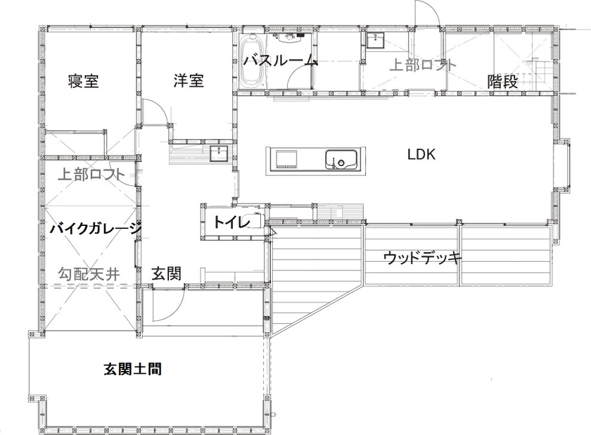 ハウスクラフト 【平屋/間取り図】趣味を楽しむガレージハウス！勾配天井を活かしたロフト空間で遊び心と収納力もプラスの間取り図（2LDK+収納）1階