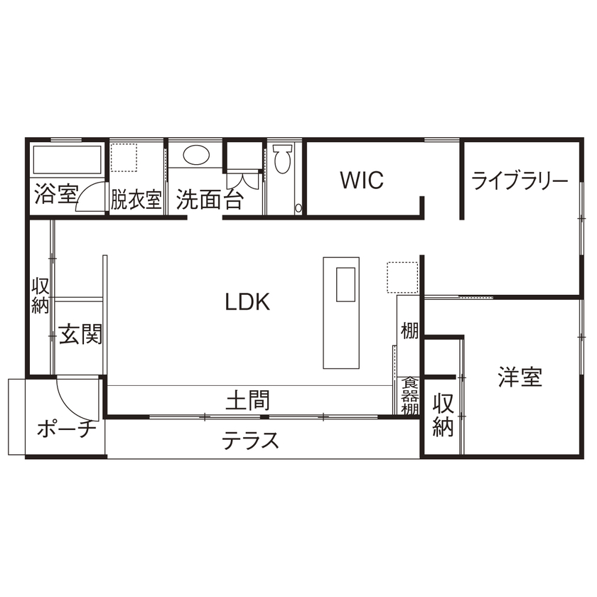 ハウスクラフト 【平屋/間取り図/1000万円台】夫婦2人暮らし。20坪台でも面積以上の開放感!シンプルでコンパクトな平屋実例の間取り図（2LDK）1階