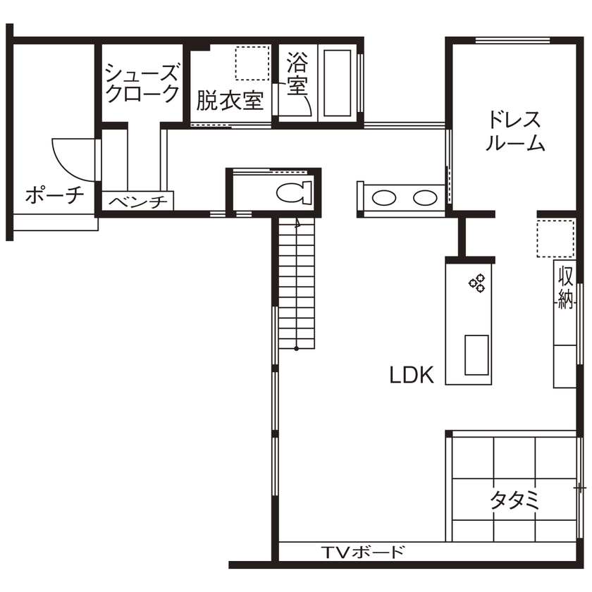 ハウスクラフト 【2000万円台/間取り図/3LDK】SNSで一目惚れしたおしゃれな空間を参考にしたこだわりの平屋に見える2階建ての間取り図（3LDK）1階